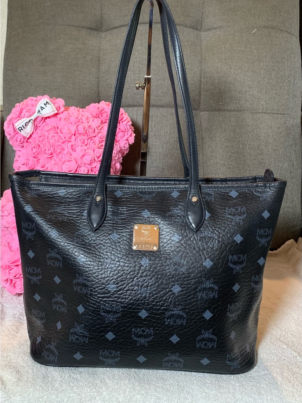 GUC MCM Black Visetos Monogram Tote